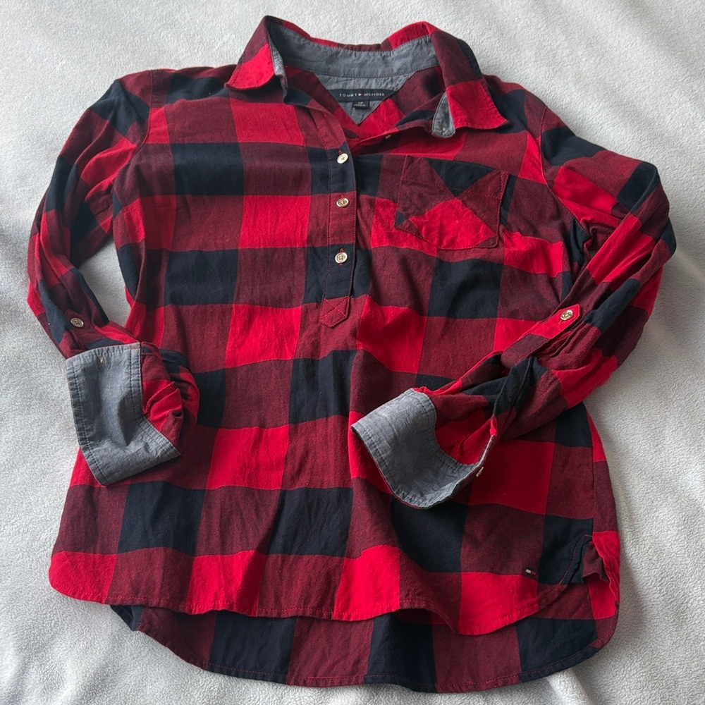 Tommy Hilfiger Red and Black Plaid Women's Button Down Shirt